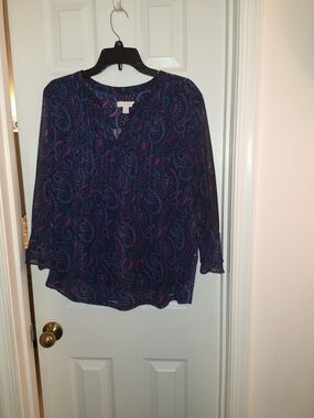 Charter Club Paisley V-Neck Blouse in Navy & Purple